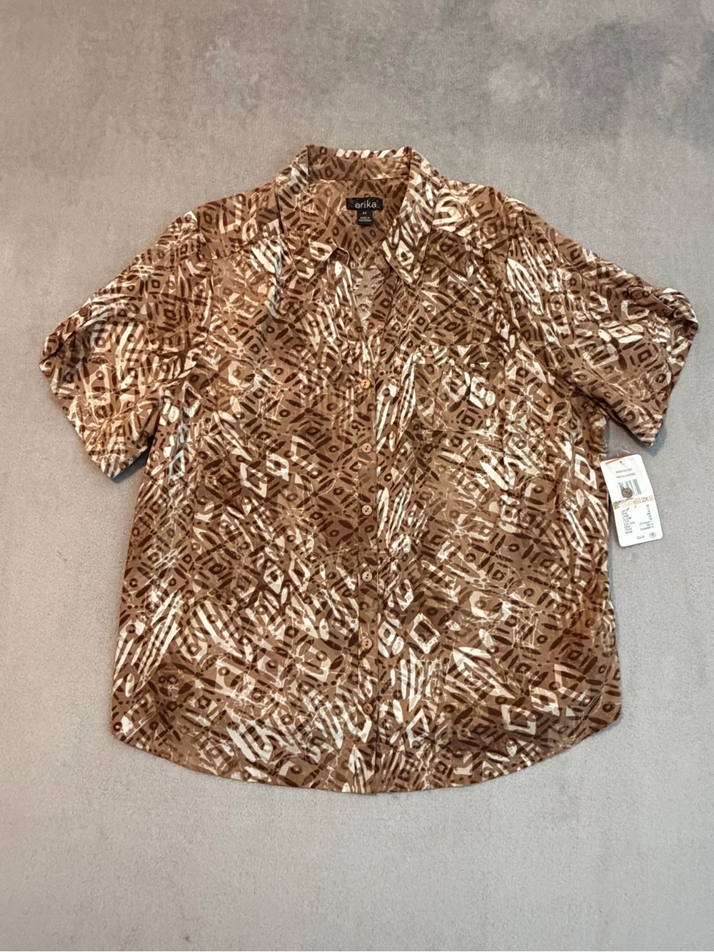 Erika NWT Women's 2X Camp Shirt Brown French Almond Geometric Tribal Abstract Bu
